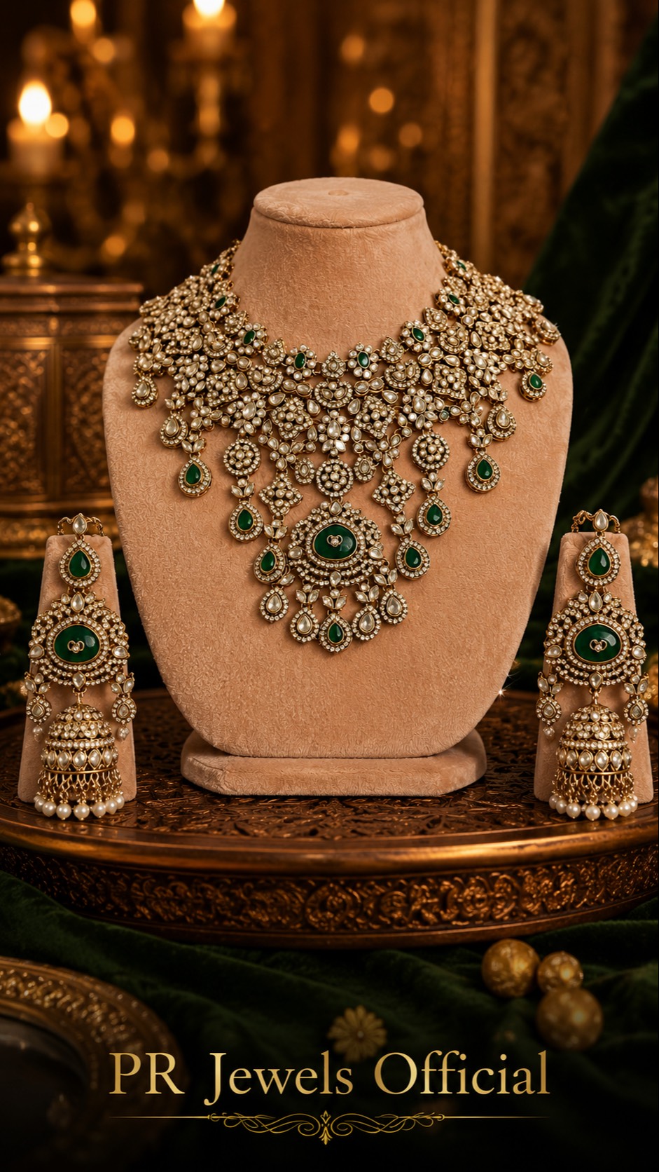 Stunning Kundan and Emerald Bridal Necklace Set in HATHRAS, featuring intricate design and vibrant stones. - Image 2