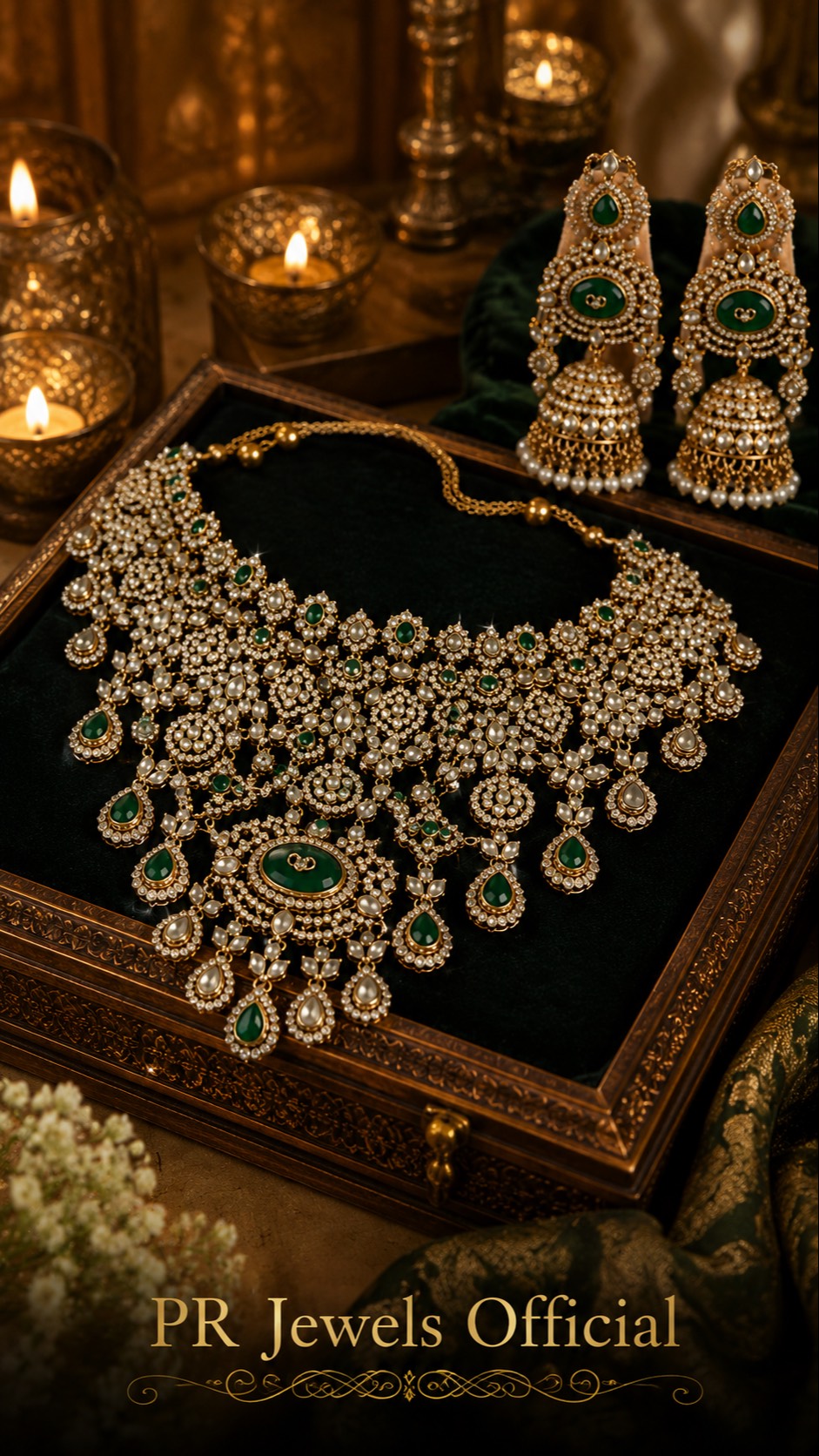 Stunning Kundan and Emerald Bridal Necklace Set in HATHRAS, featuring intricate design and vibrant stones. - Image 3