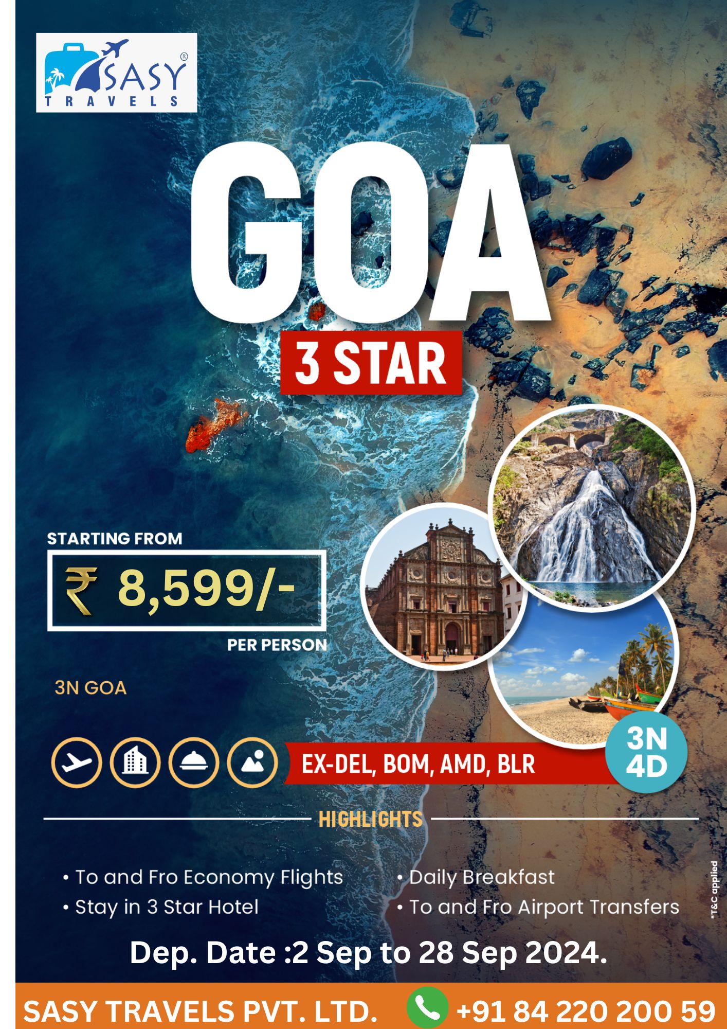 3N/4D Goa Tour Package with Flights & Hotel from Mumbai