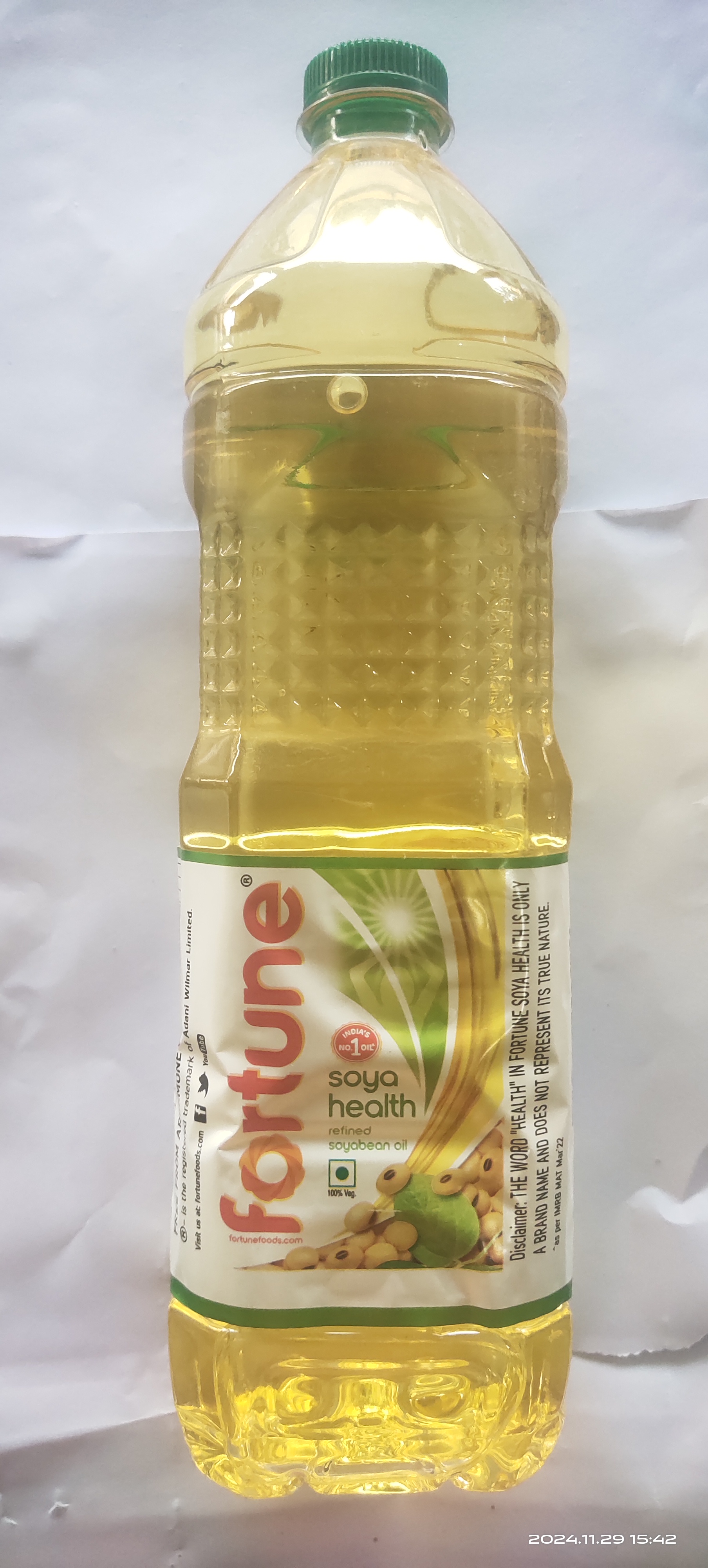 Fortune Soyabean Oil bottle displayed with kitchen ingredients in Katghora