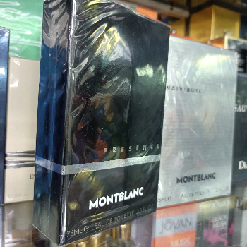 Montblanc Presence perfume bottle displayed elegantly in Kolkata, showcasing its sleek design and luxurious appeal.