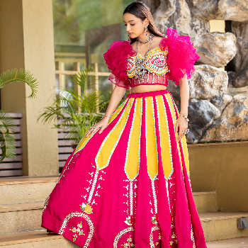 Vibrant Pink & Yellow Ruffle Sleeve Designer Lehenga for